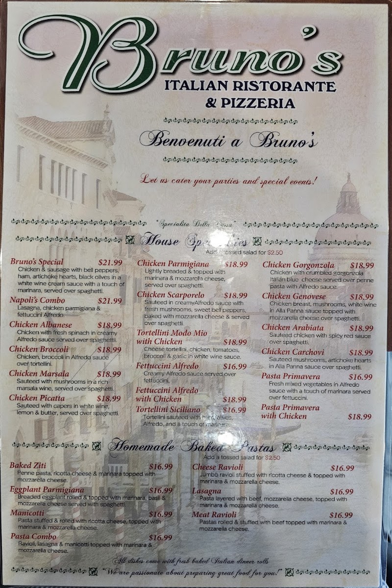 Bruno’s Italian Ristorante menu board