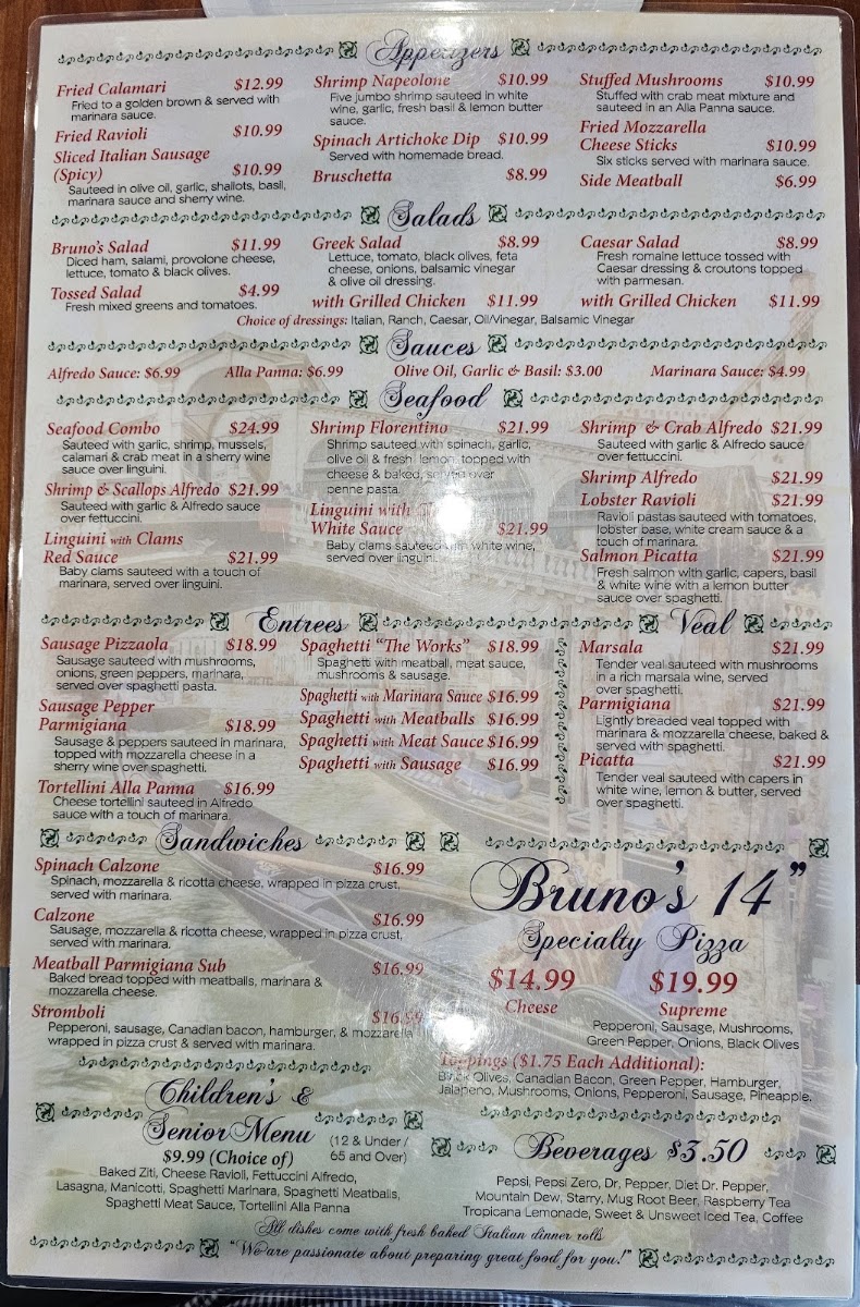 Bruno’s Italian Ristorante menu board