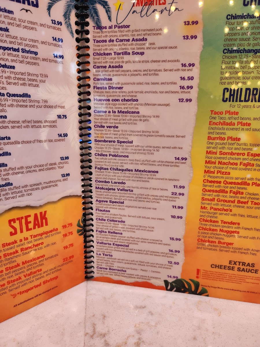Vallarta Mexican Grill menu board