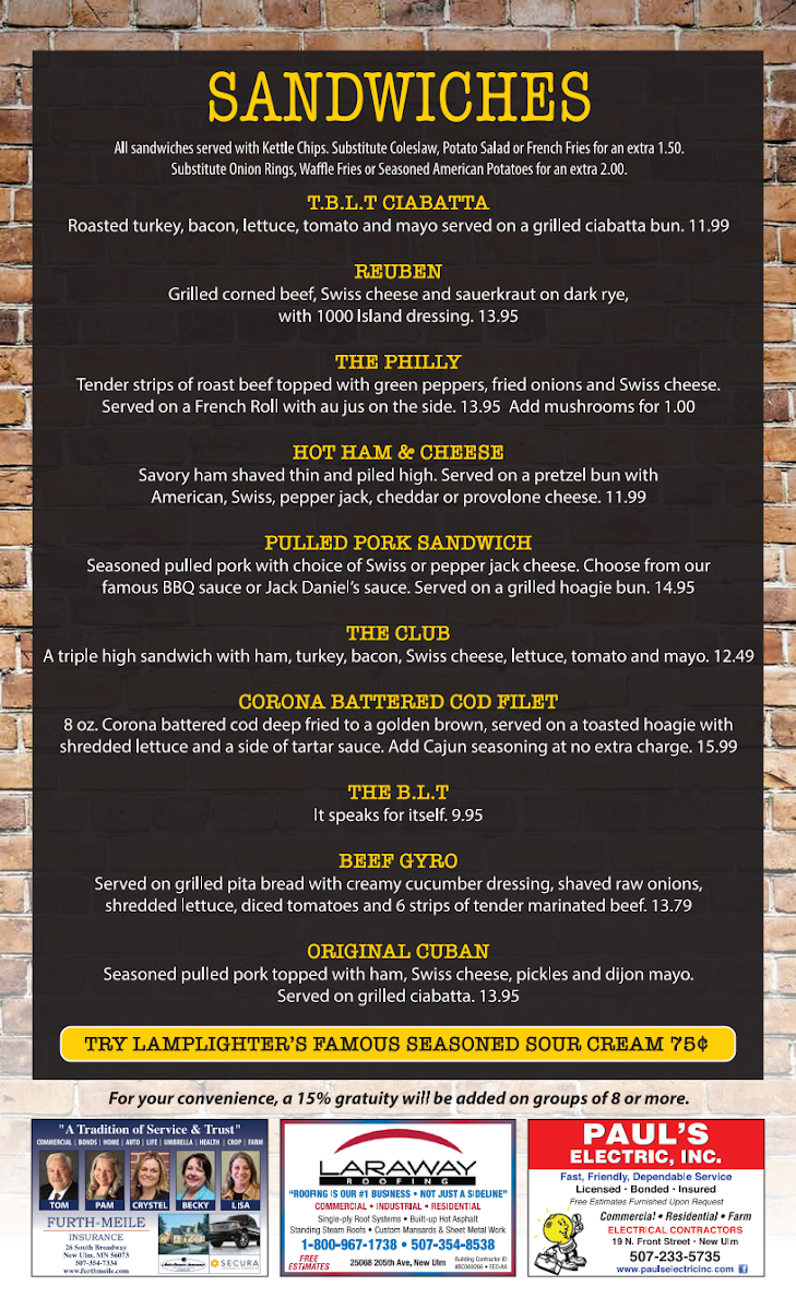 209 Pub & Grill menu board