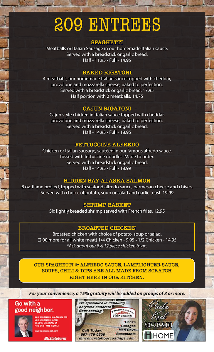 209 Pub & Grill menu board