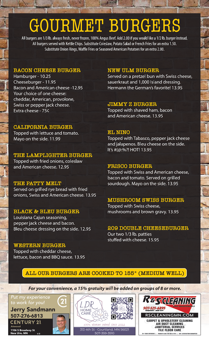 209 Pub & Grill menu board