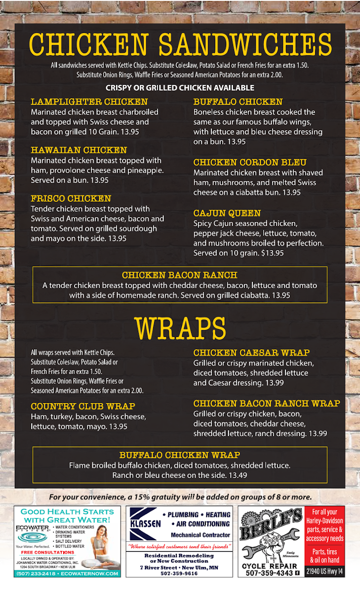 209 Pub & Grill menu board