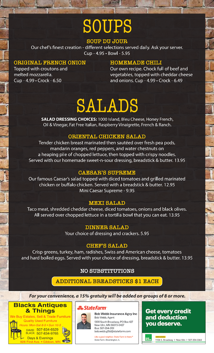 209 Pub & Grill menu board