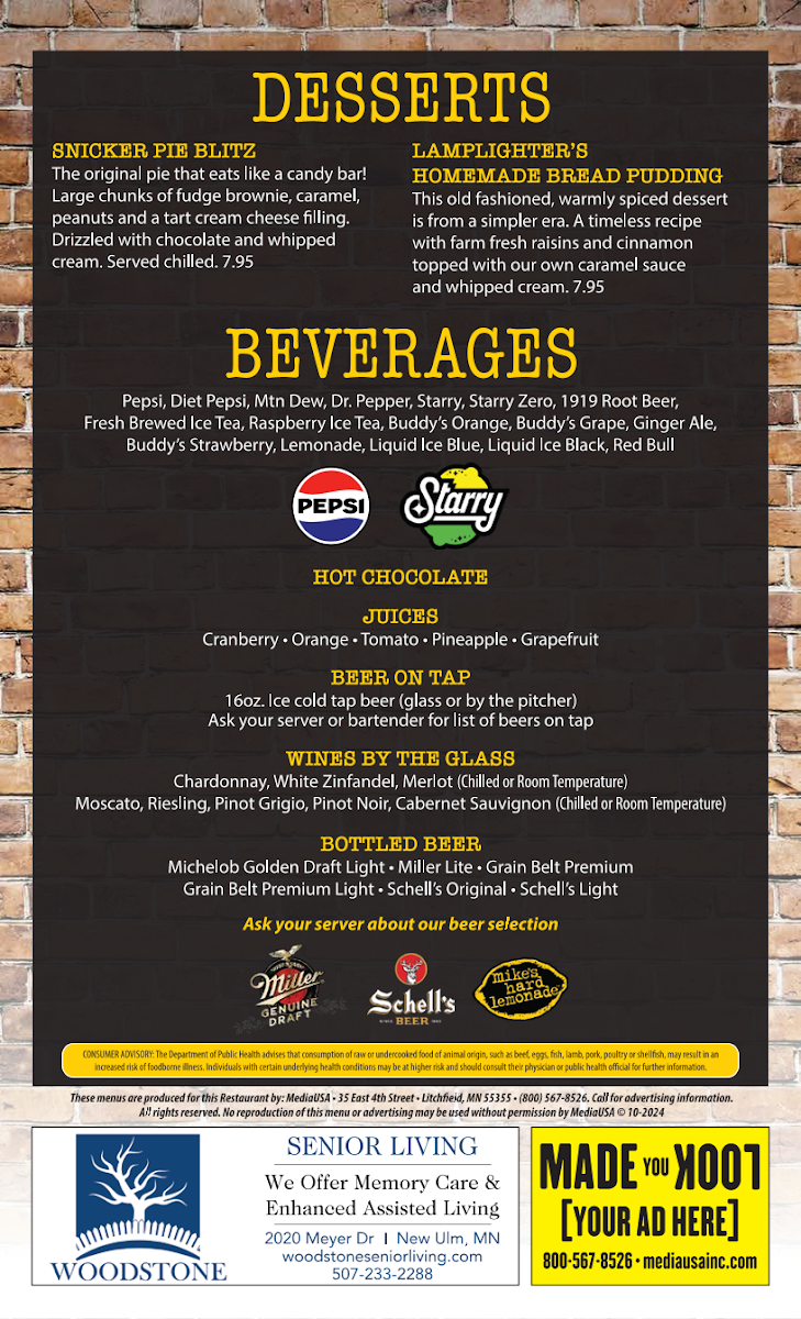 209 Pub & Grill menu board