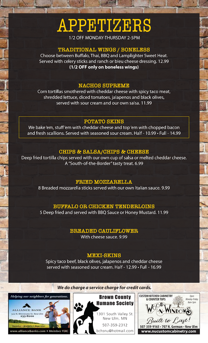 209 Pub & Grill menu board