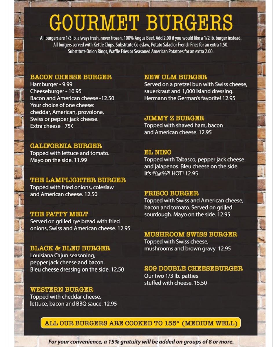 209 Pub & Grill menu board