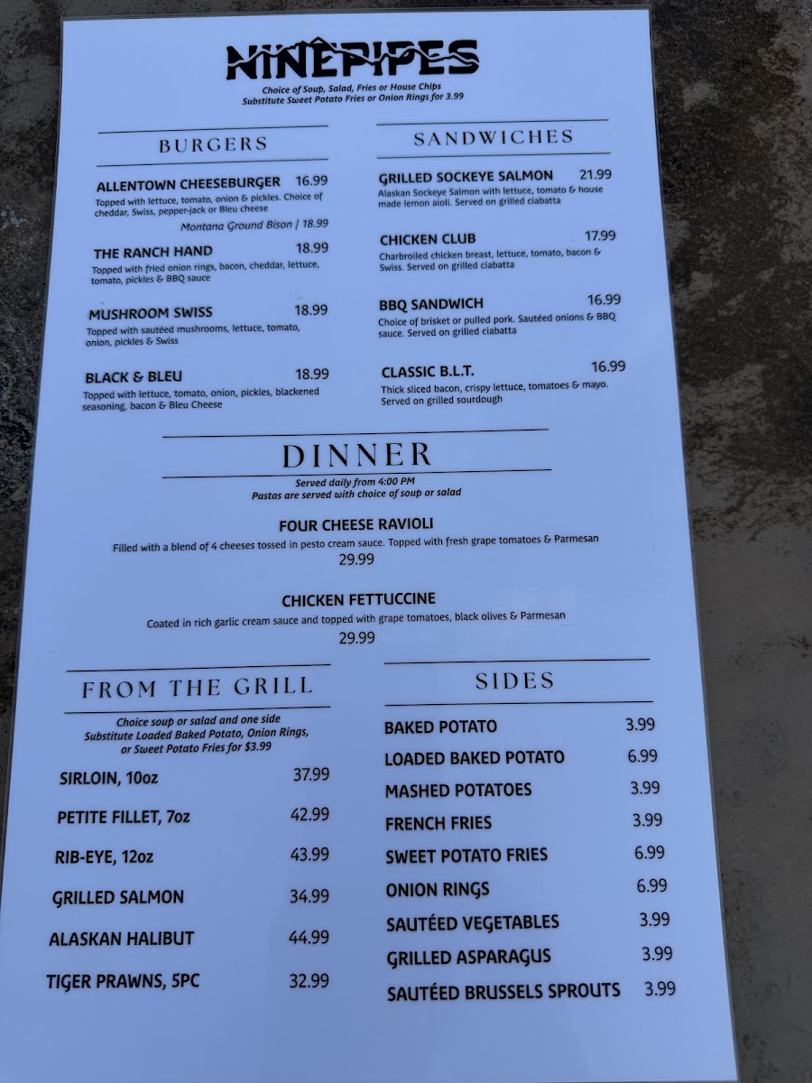 Ninepipes Lodge Restaurant menu board