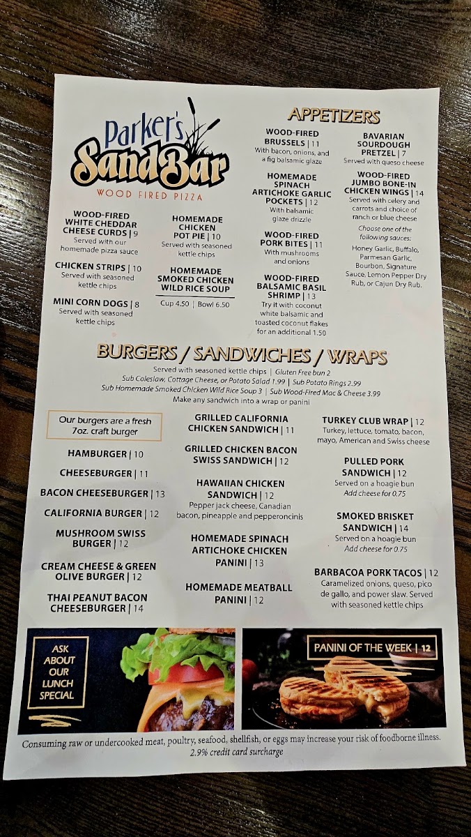 Parker's Sandbar menu board