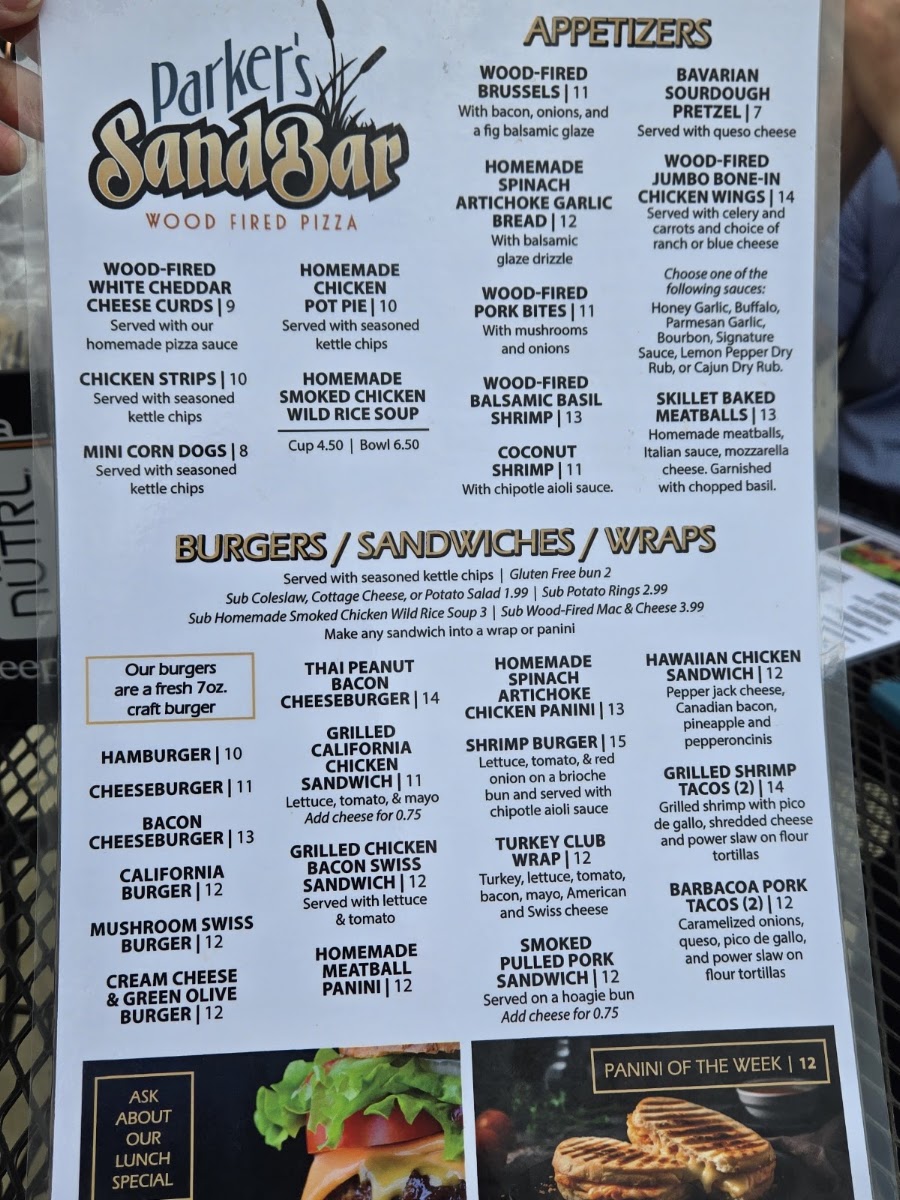 Parker's Sandbar menu board