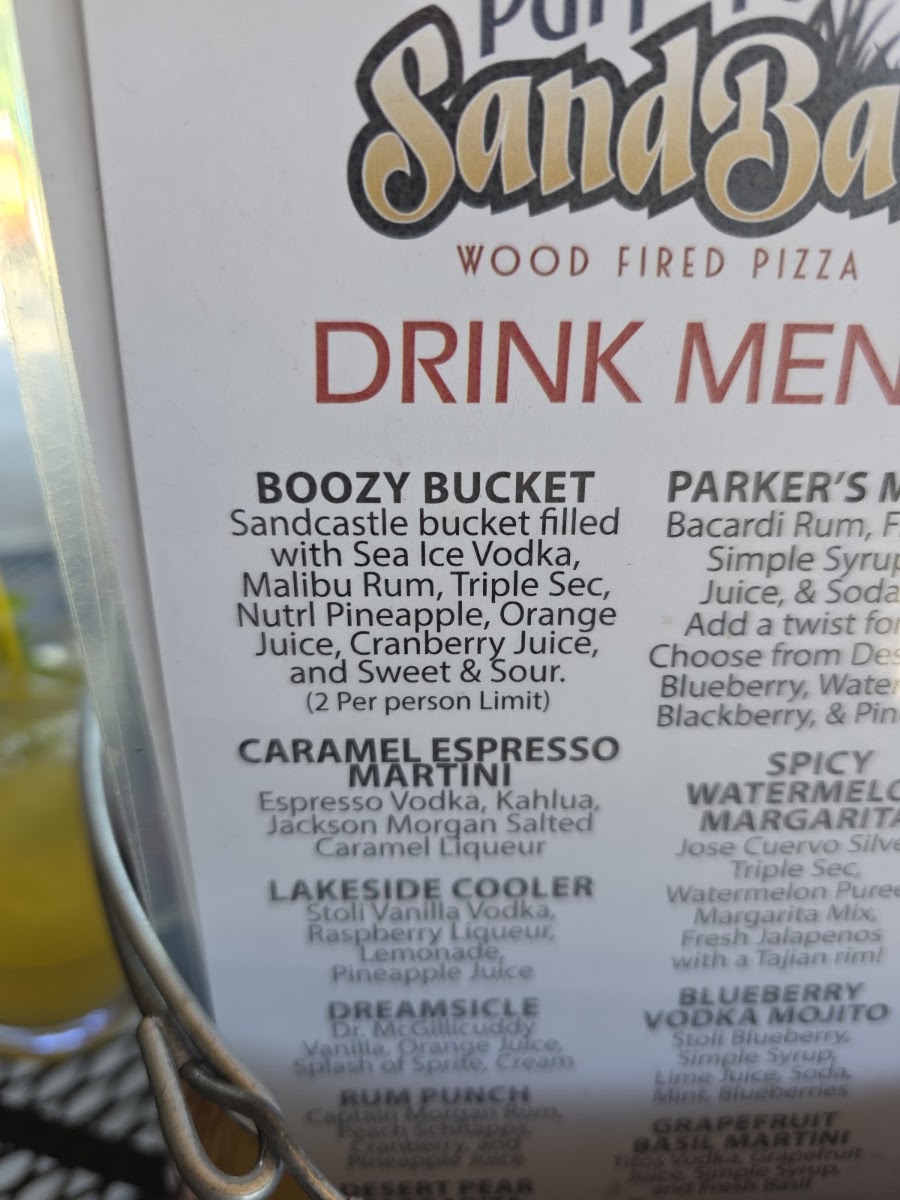 Parker's Sandbar menu board