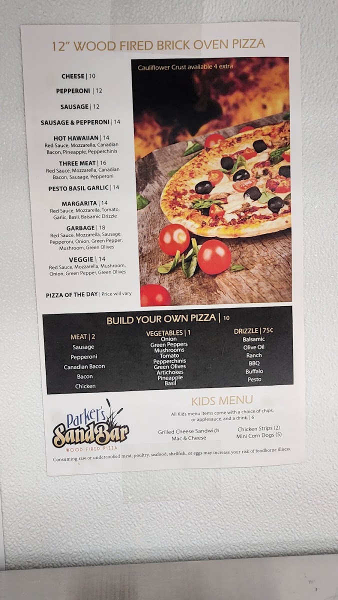 Parker's Sandbar menu board