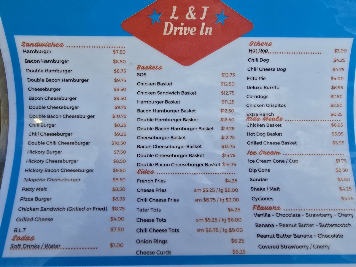 L&J Drive In menu board