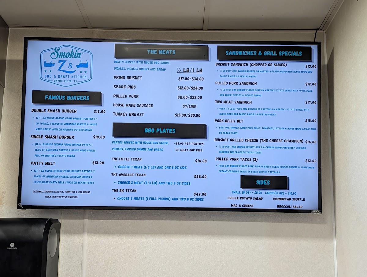 Smokin' Z's BBQ & Kraft Kitchen menu board