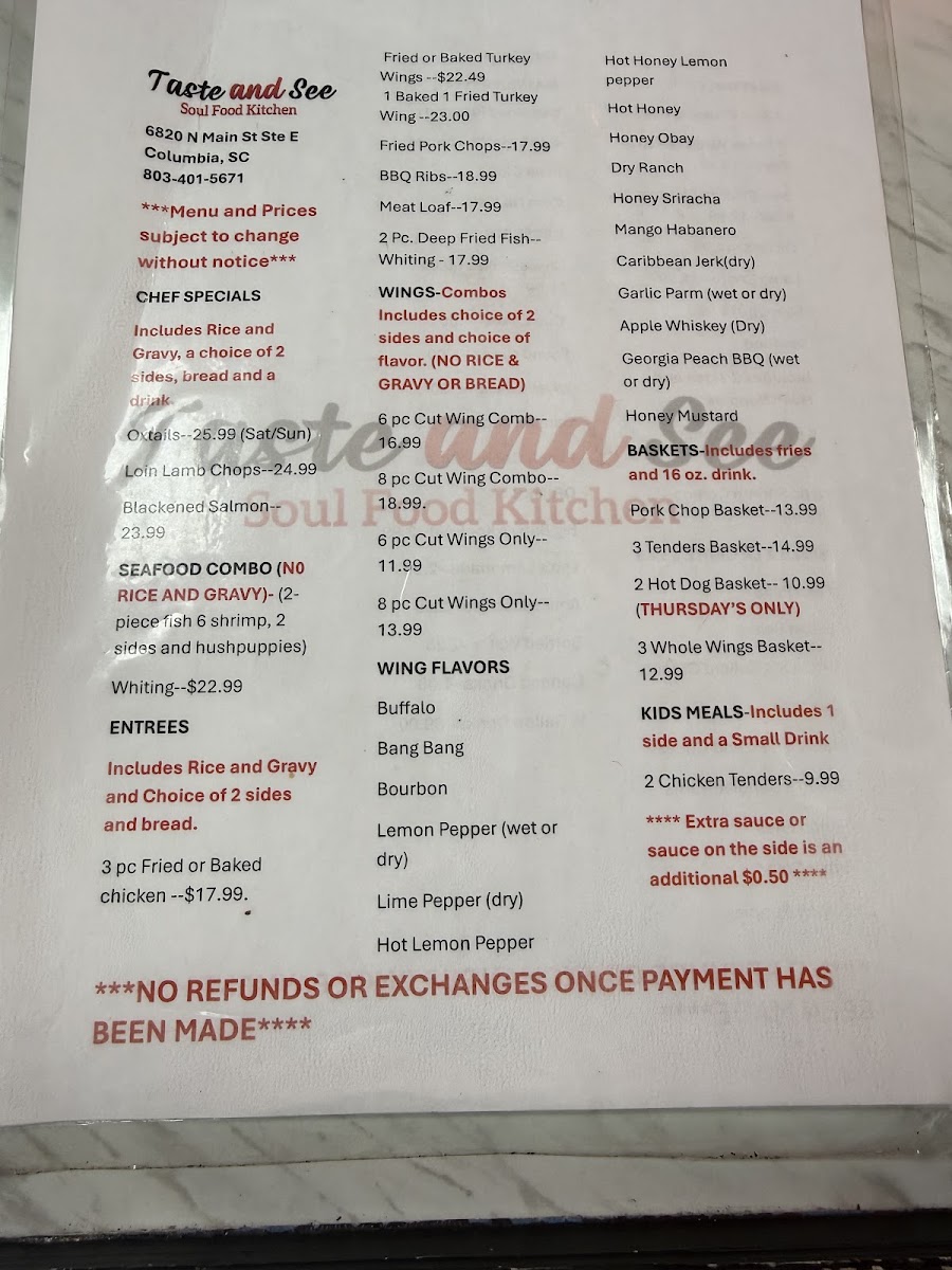 Taste And See Soul Food Kitchen menu board