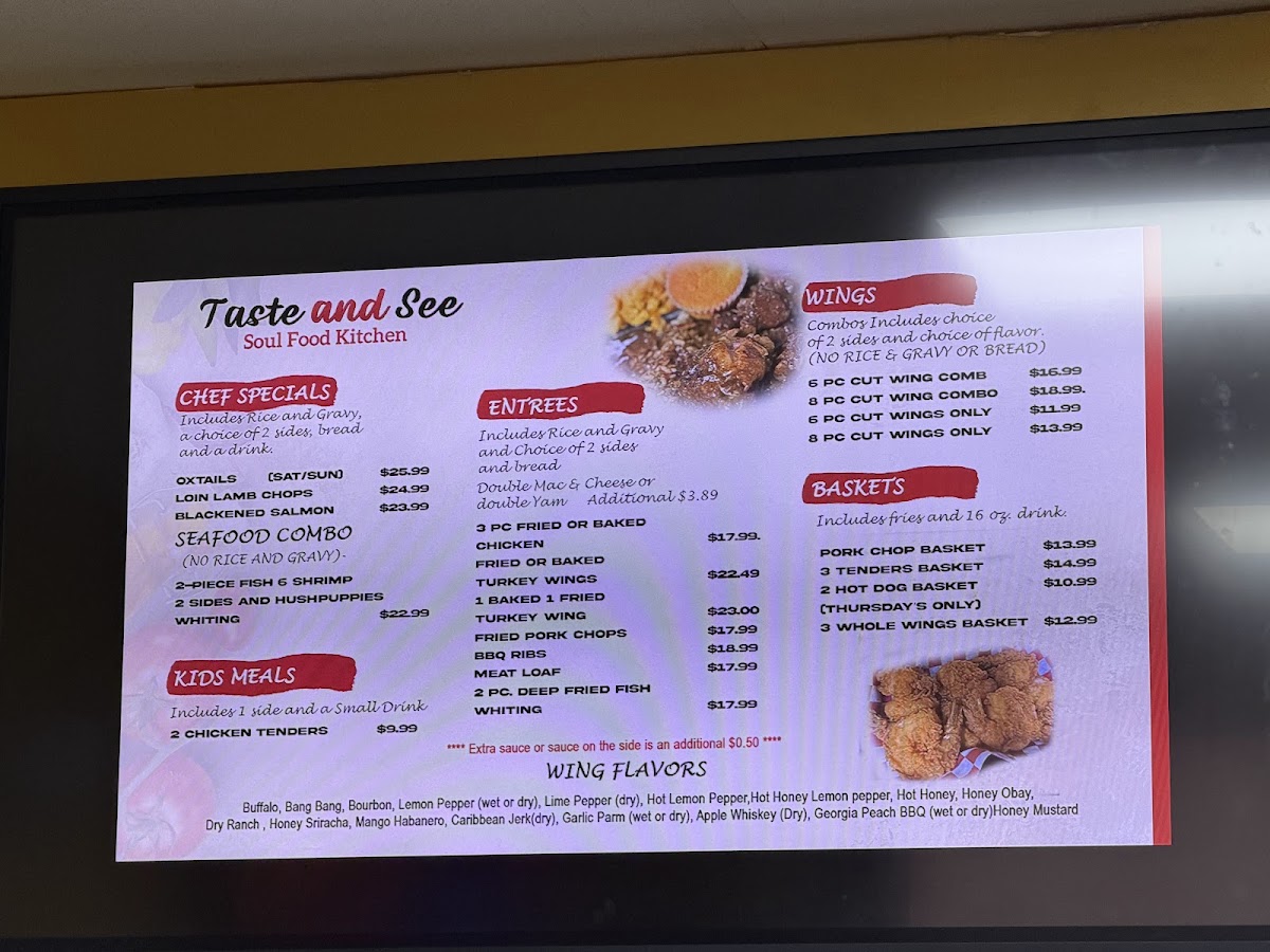 Taste And See Soul Food Kitchen menu board