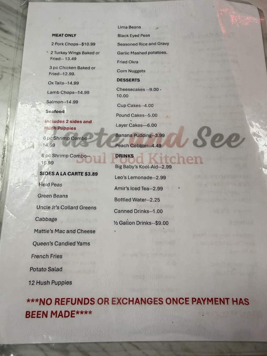 Taste And See Soul Food Kitchen menu board