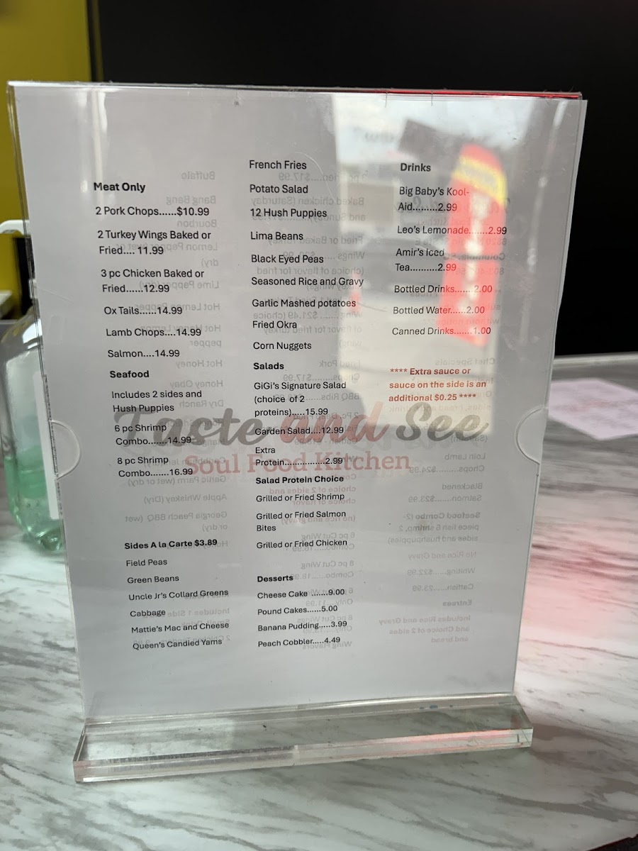 Taste And See Soul Food Kitchen menu board