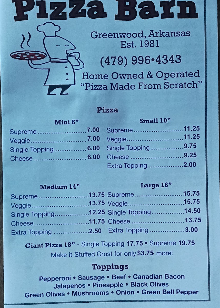 Pizza Barn menu board