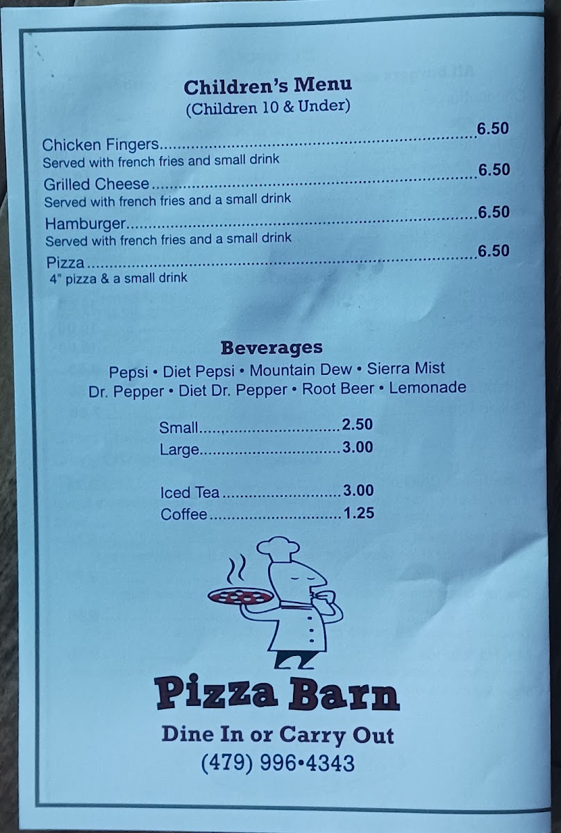 Pizza Barn menu board