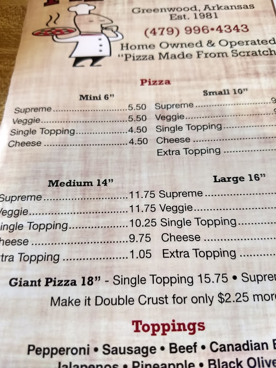 Pizza Barn menu board