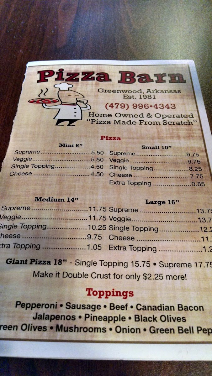 Pizza Barn menu board