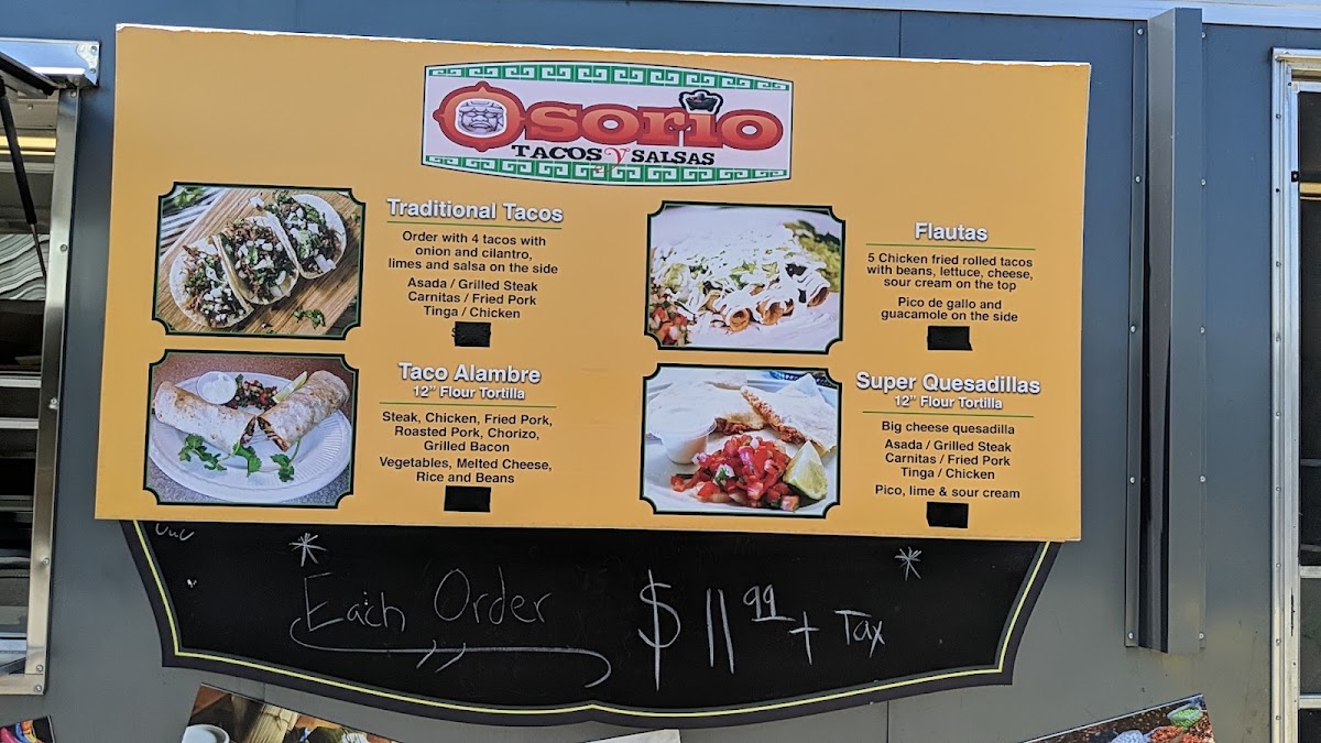 Osorio Tacos y Salsas Food Truck # 1 menu board