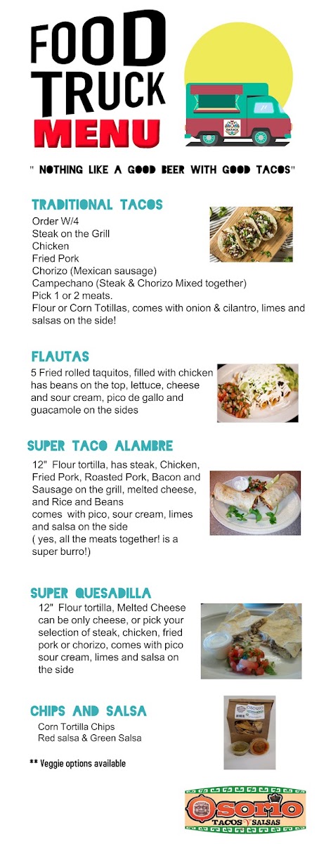 Osorio Tacos y Salsas Food Truck # 1 menu board