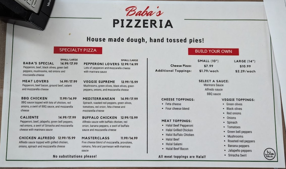Baba's Pizzeria and Kitchen menu board