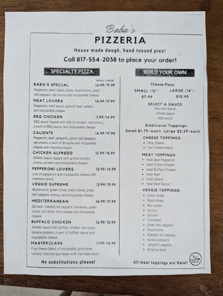 Baba's Pizzeria and Kitchen menu board