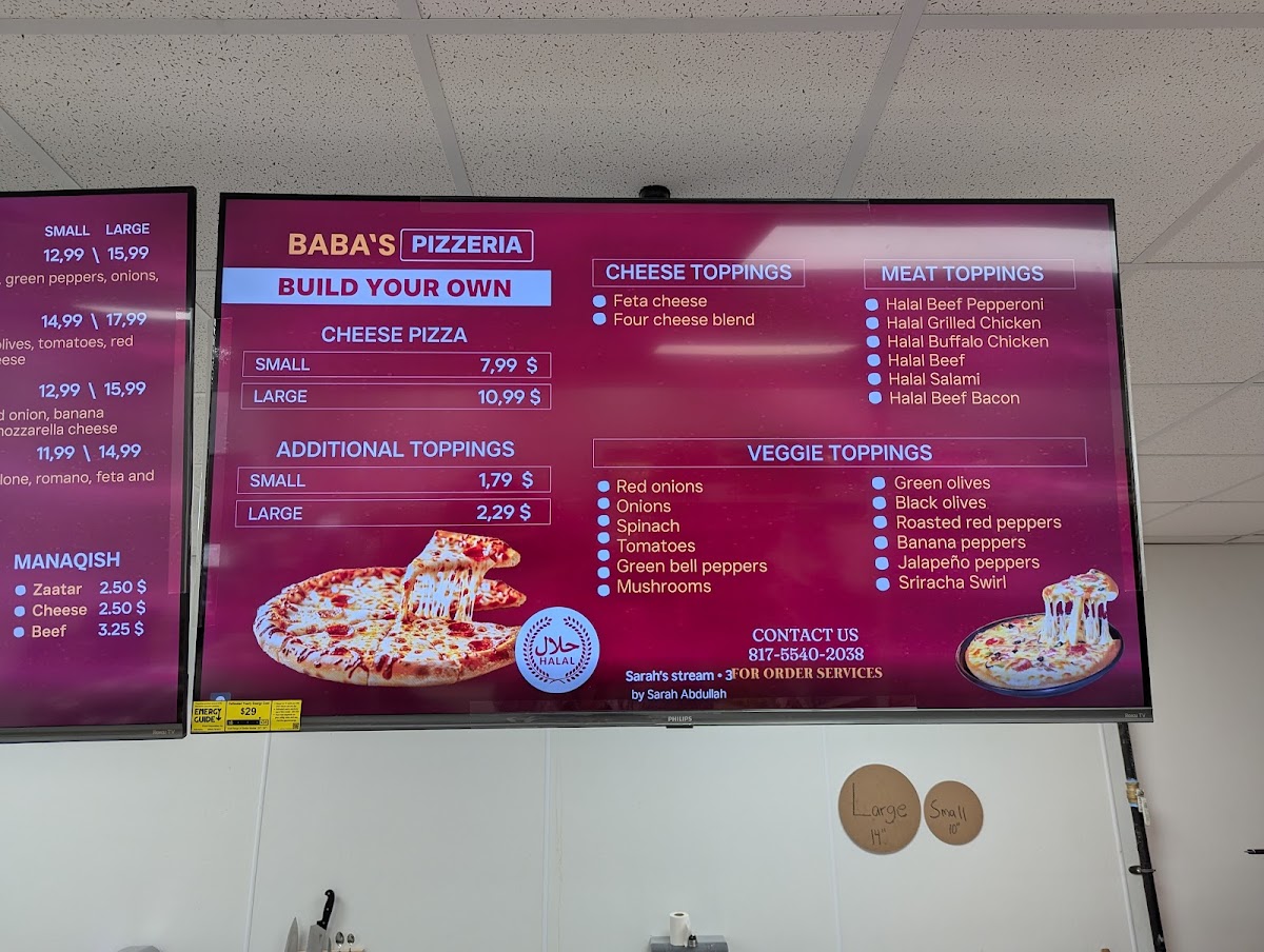 Baba's Pizzeria and Kitchen menu board