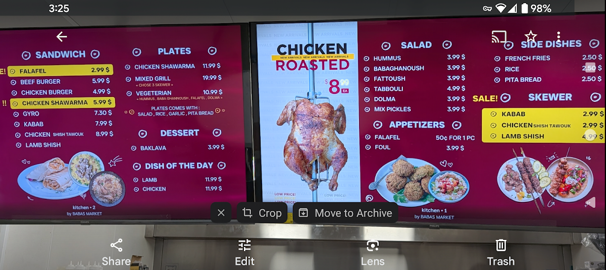 Baba's Pizzeria and Kitchen menu board