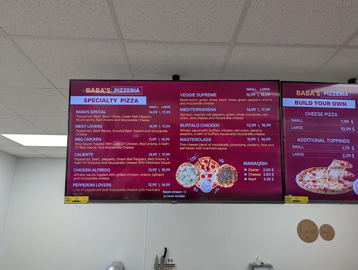Baba's Pizzeria and Kitchen menu board
