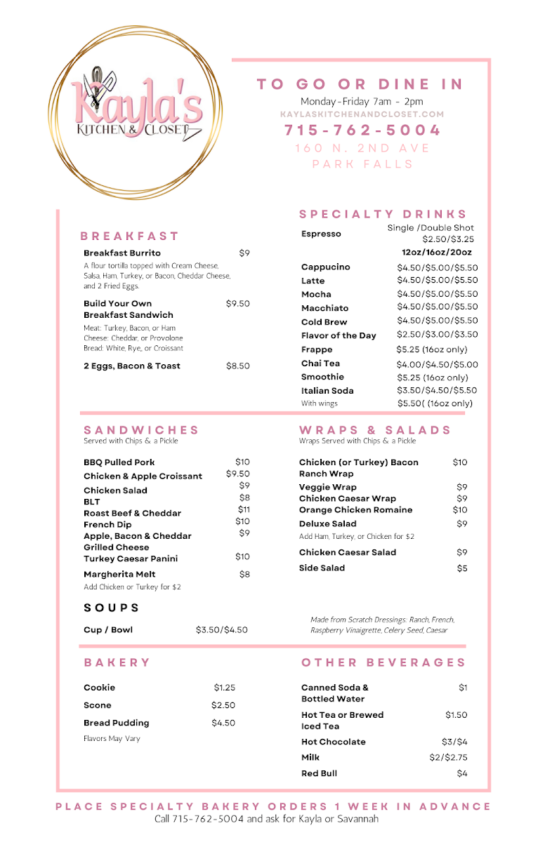 Kayla's Kitchen and Closet menu board