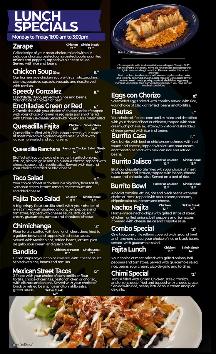 Mexico Grill & Bar menu board