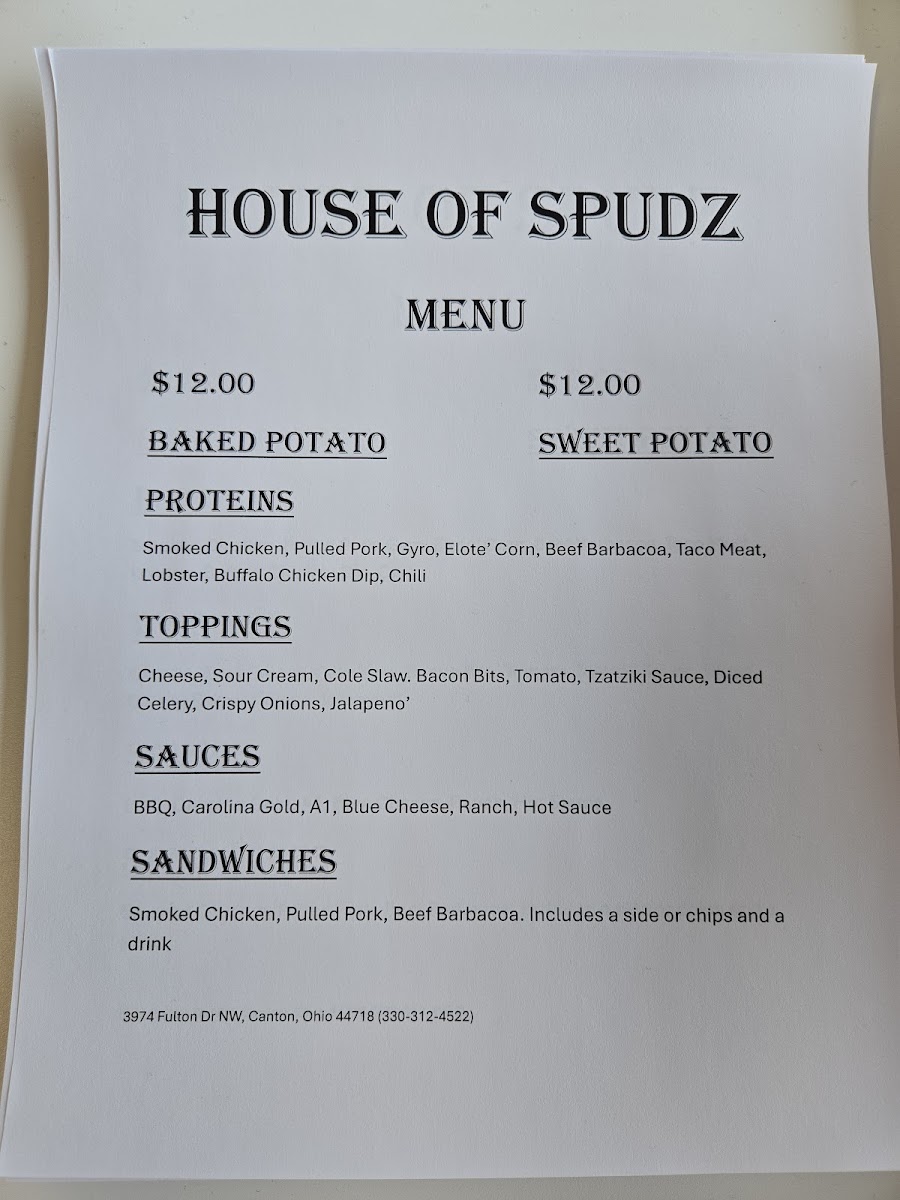 House of Spudz menu board