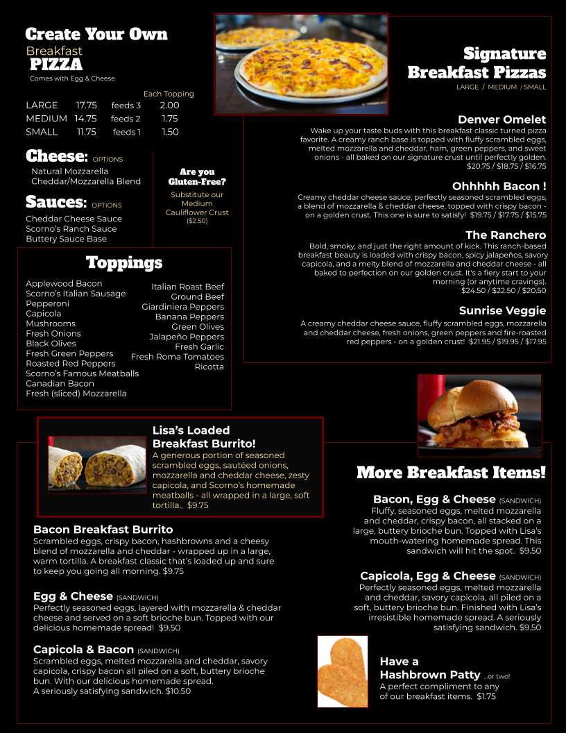 Scorno's Restaurant & Bakery - Urbandale menu board