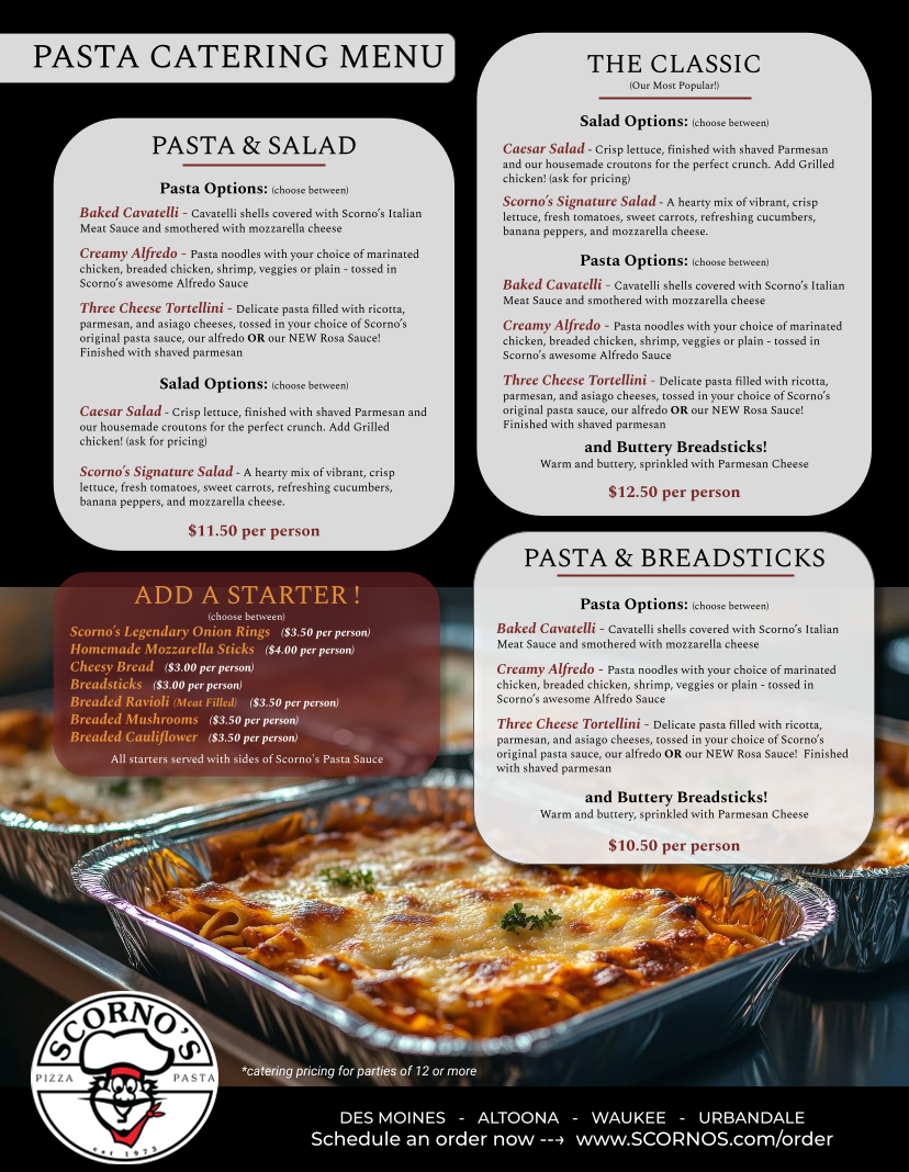 Scorno's Restaurant & Bakery - Urbandale menu board