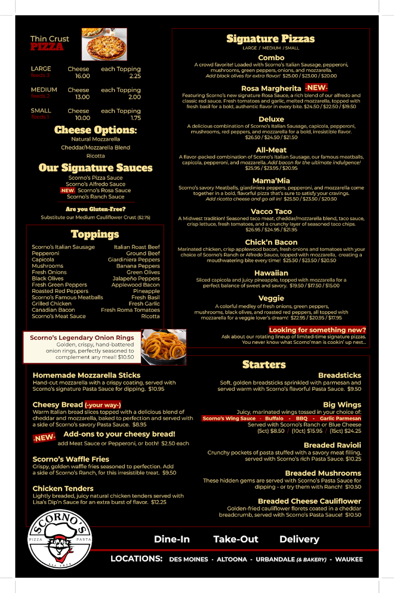 Scorno's Restaurant & Bakery - Urbandale menu board