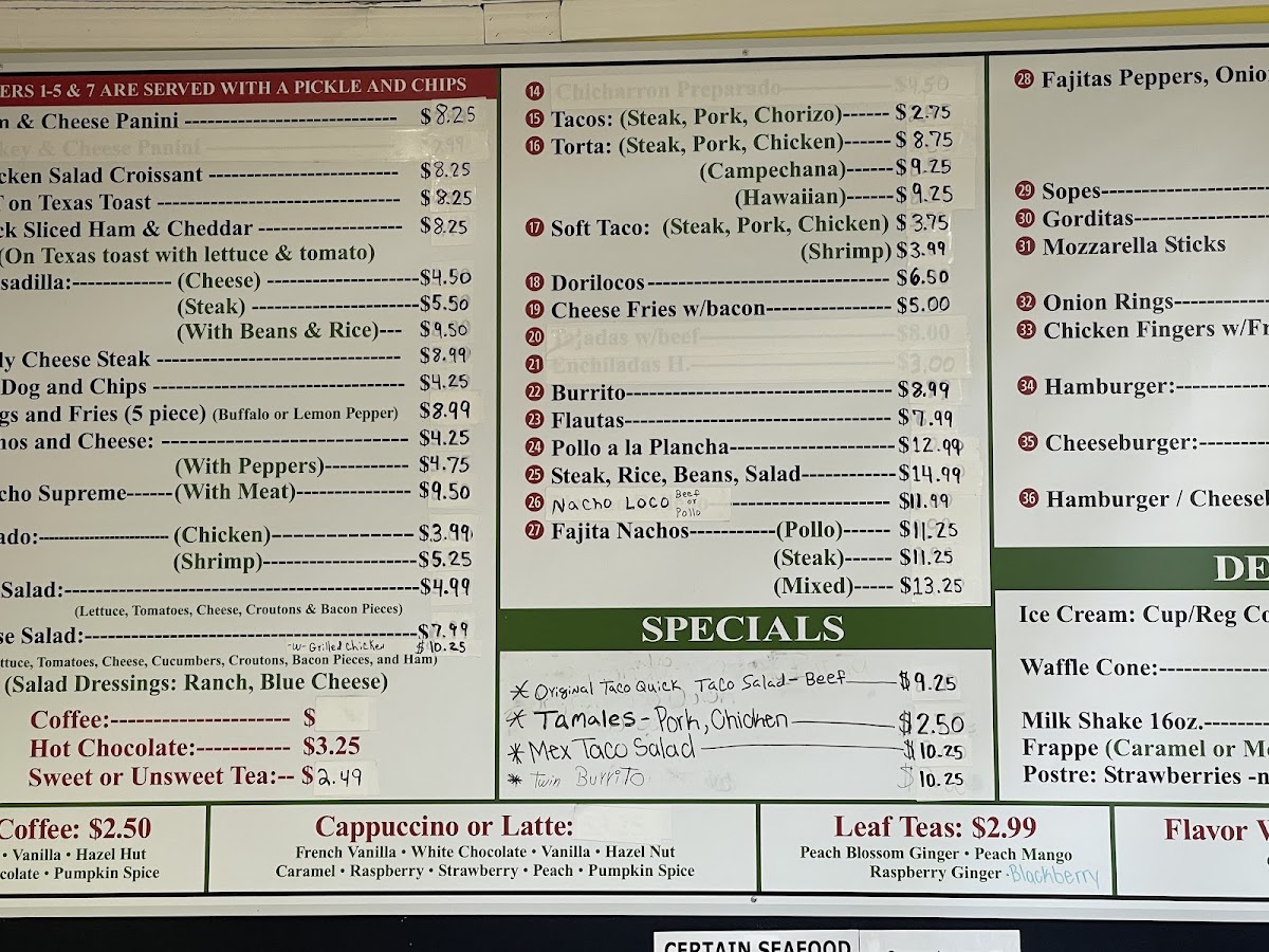The Hideout Restaurant menu board