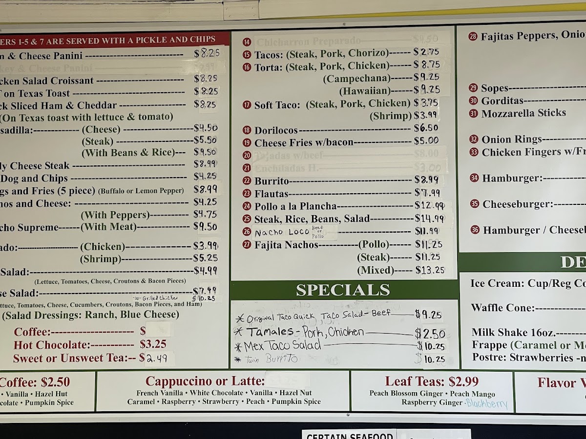 The Hideout Restaurant menu board