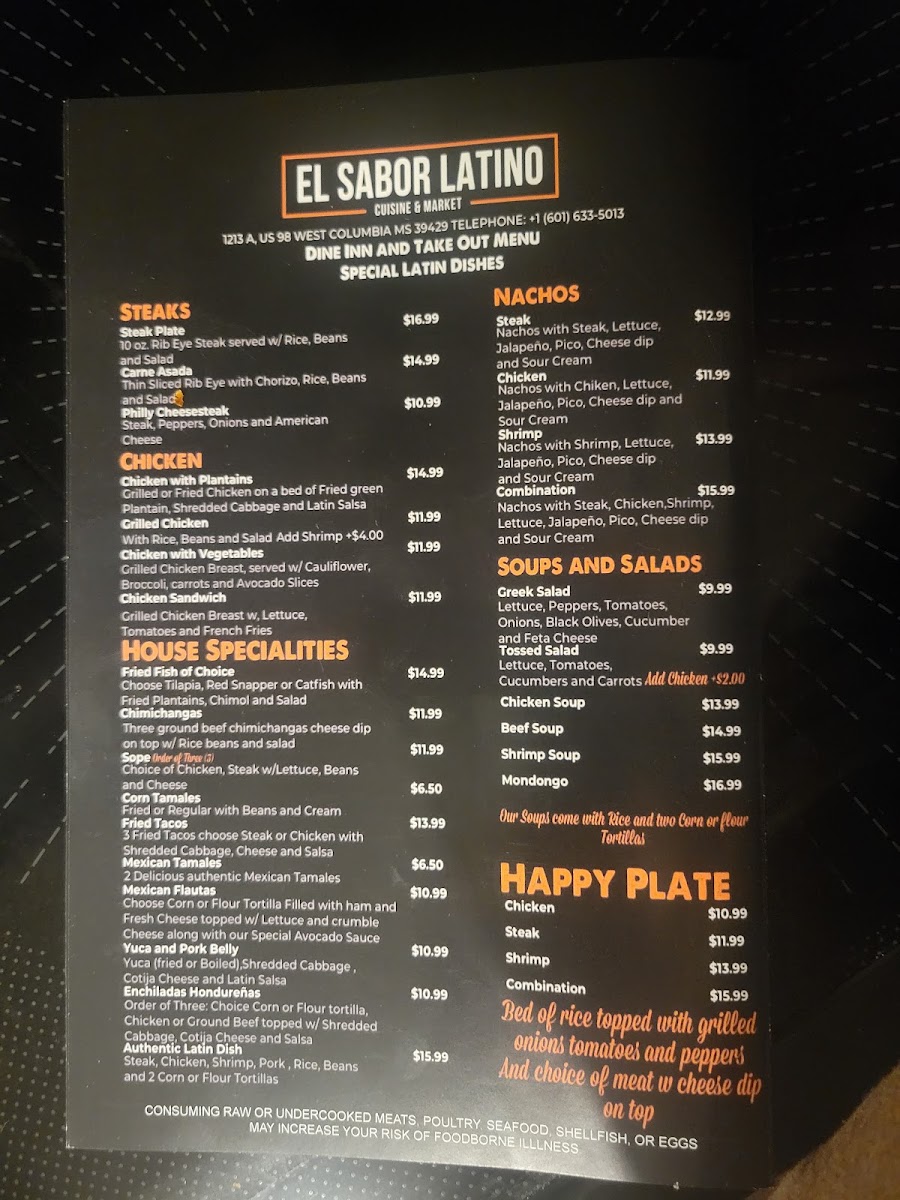 Sabor Latino Restaurant and Bakery Inc menu board