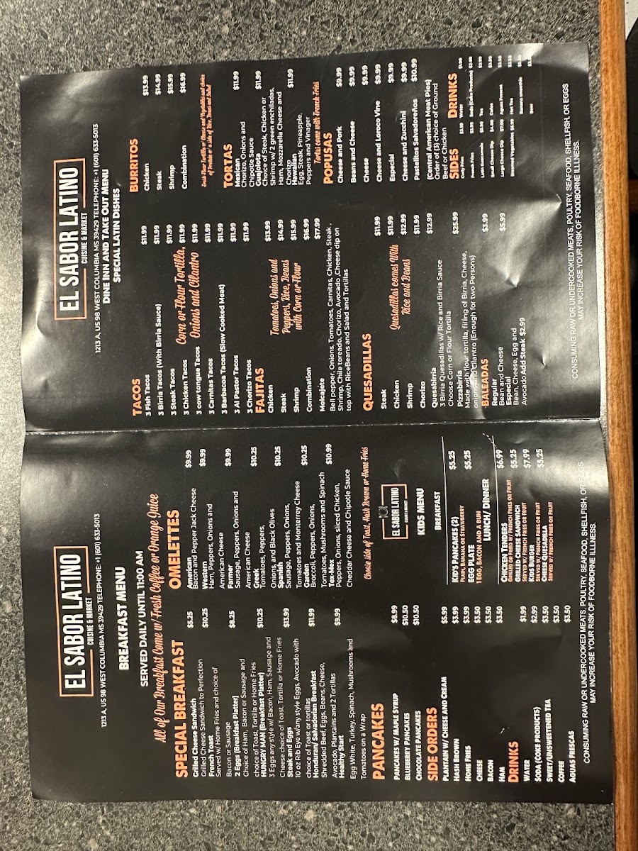 Sabor Latino Restaurant and Bakery Inc menu board