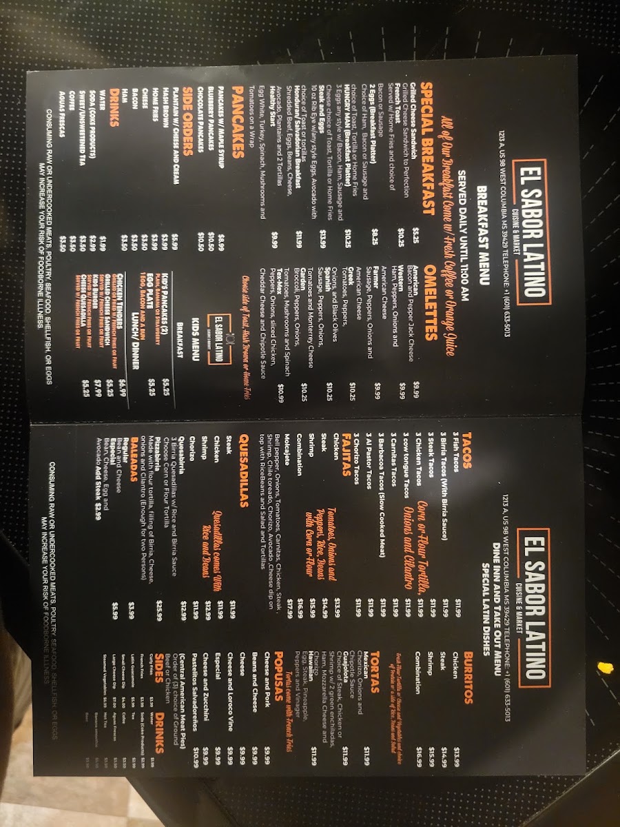 Sabor Latino Restaurant and Bakery Inc menu board