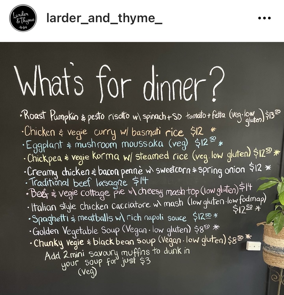 Larder & Thyme Ferntree Gully menu board