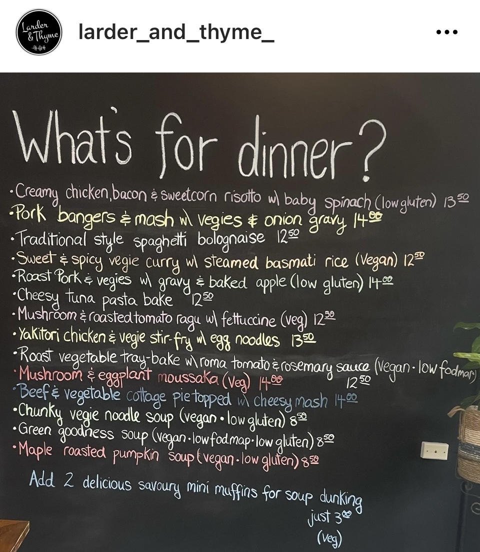 Larder & Thyme Ferntree Gully menu board