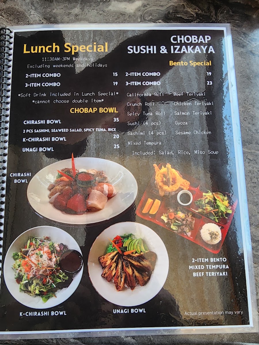 Chobap Sushi & Izakaya menu board