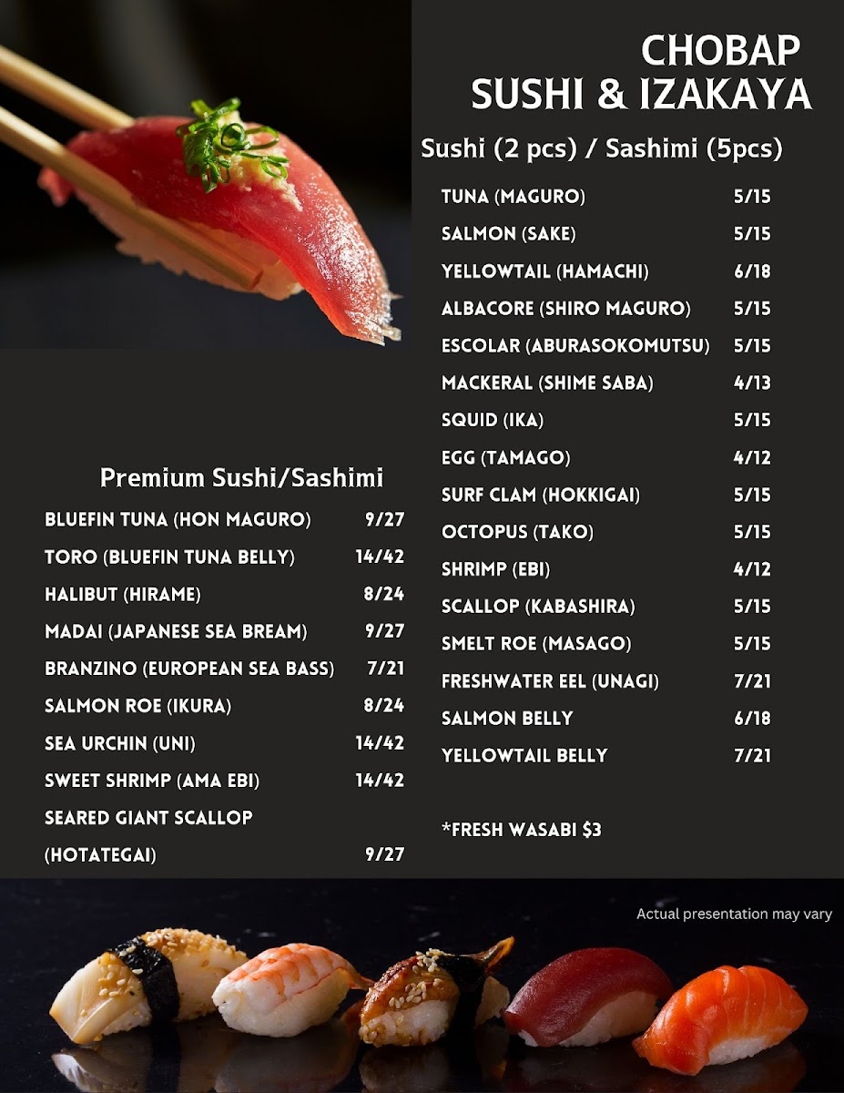 Chobap Sushi & Izakaya menu board