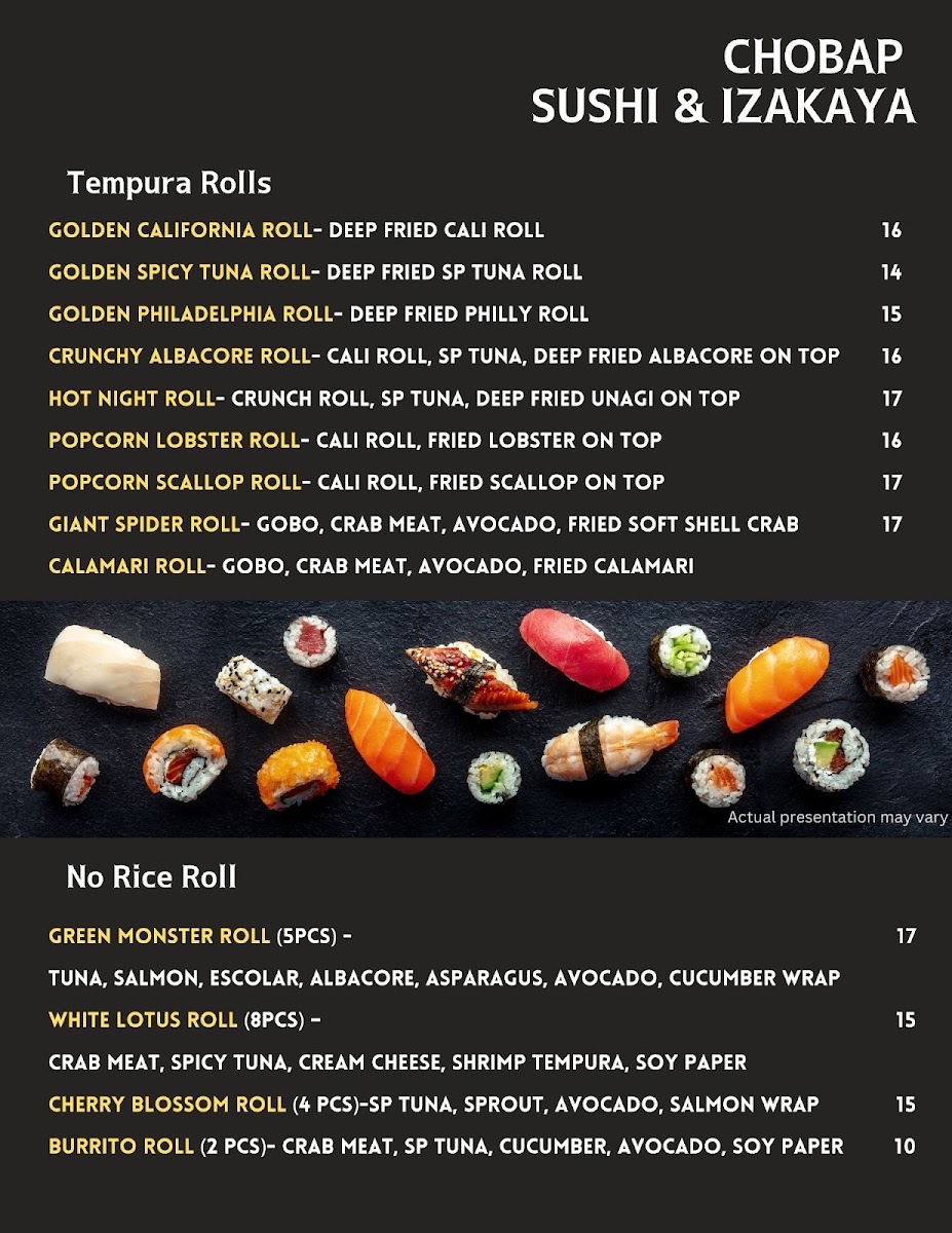 Chobap Sushi & Izakaya menu board