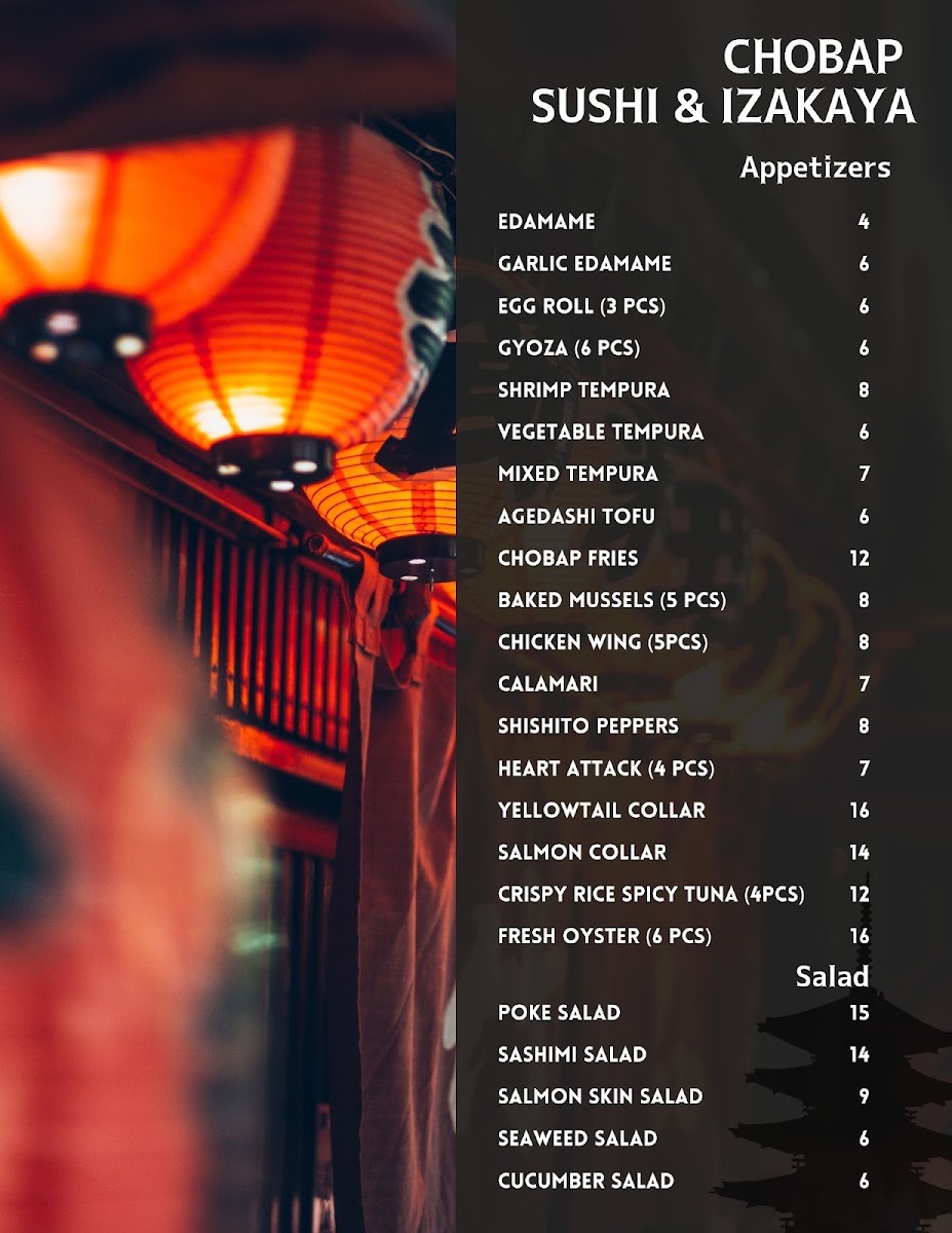 Chobap Sushi & Izakaya menu board